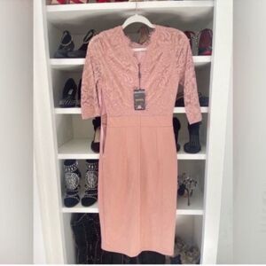 NWT Dusty Pink Floral Lace Split Slim Cocktail Party Dress Size Small